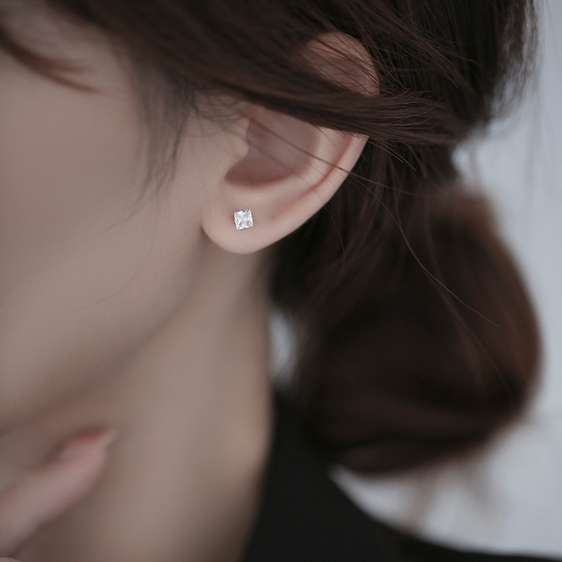 Women's Exquisite Sterling Silver Square Zircon Stud Earrings