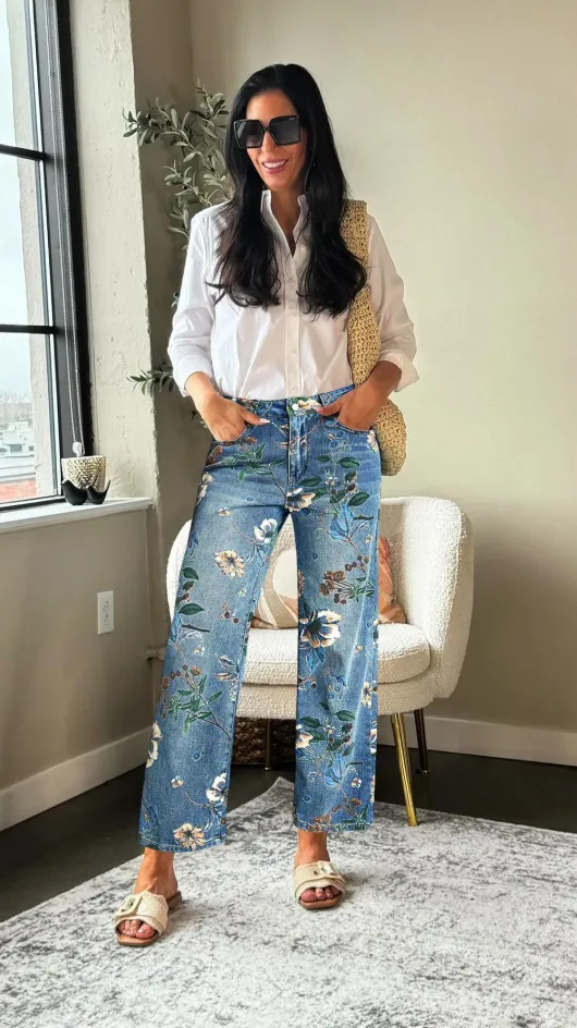 Women's Boho Floral Print Wide Leg Jeans, Mid Rise Cropped Denim With All Over Flower Pattern, Casual Summer Pants Light Blue - Shop at LoveMi