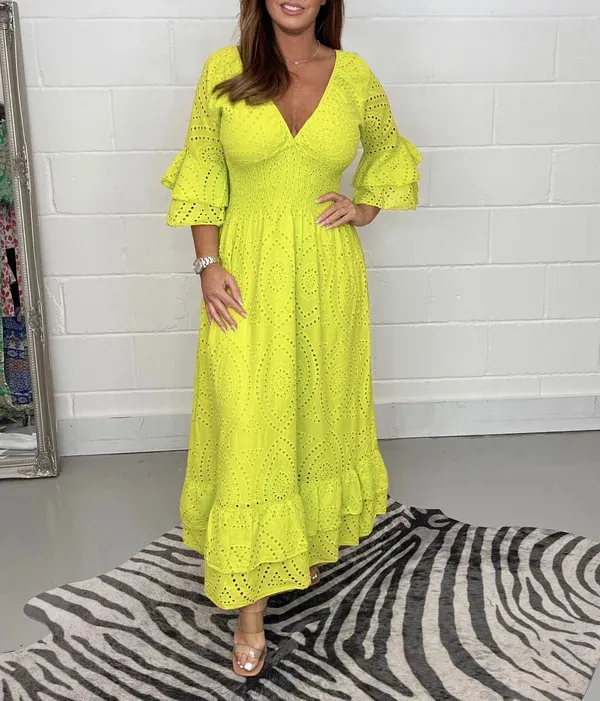 High Waisted Embroidered Solid V neck Dress Yellow - Shop at LoveMi