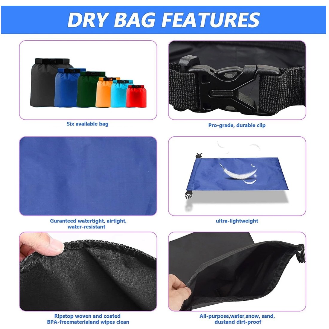 6Piece Waterproof Dry Bag Set Lightweight Rolltop Sacks