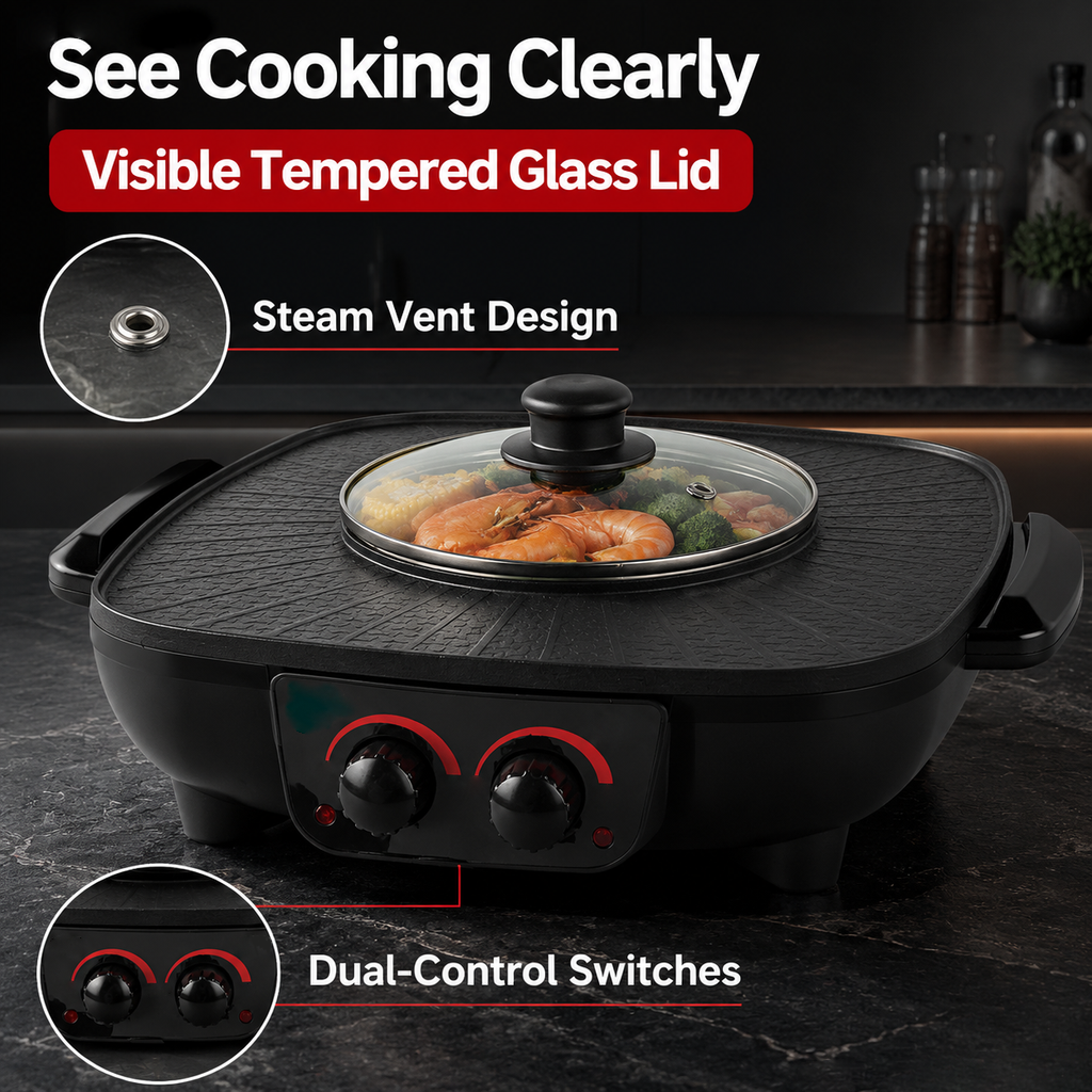 2 In 1 Electric Pot BBQ Grill, Non-Stick Smokeless Frying Pan With Adjustable — image 3