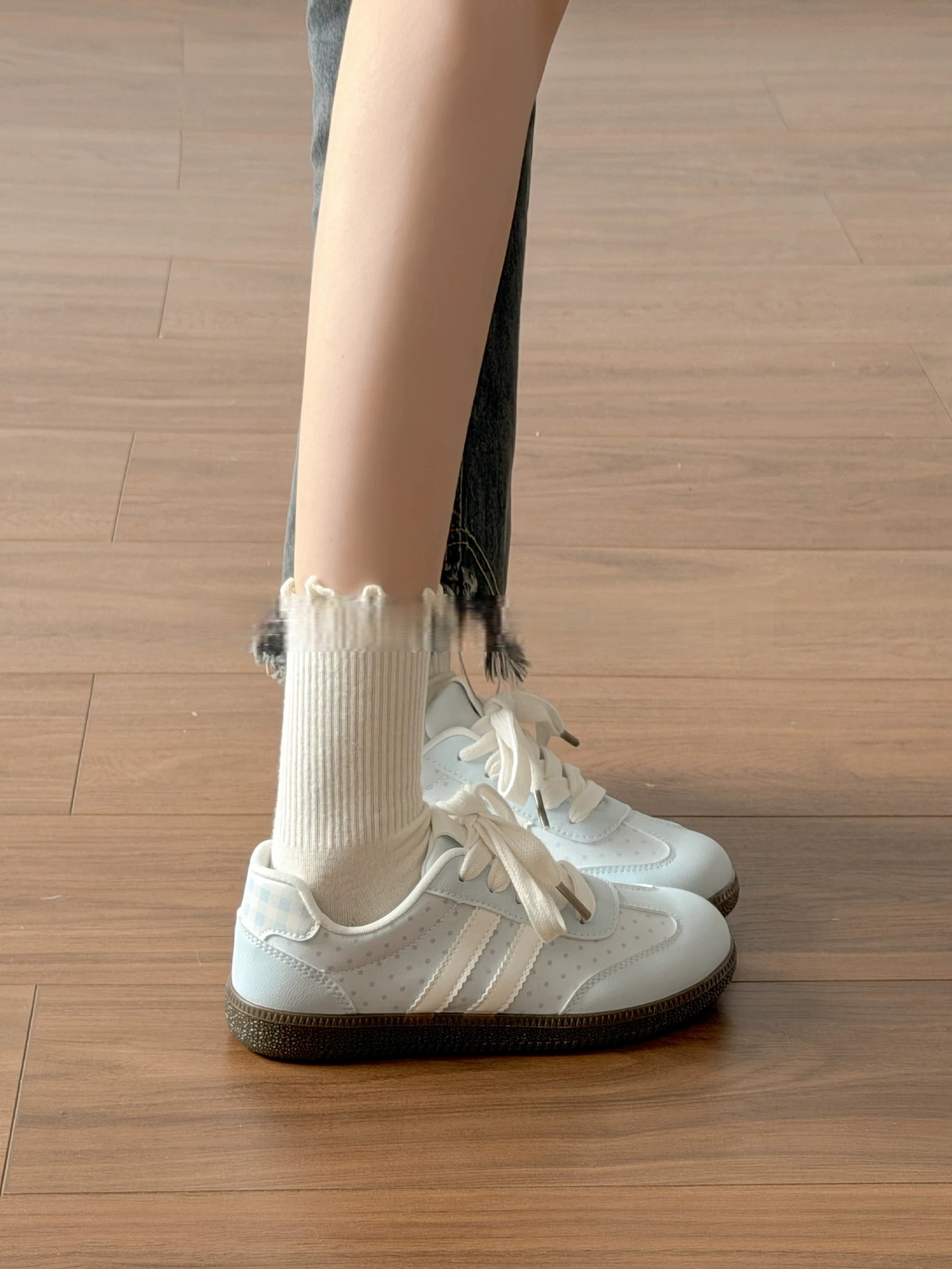 Women Pastel Baby Blue Polka Dot Retro Sneakers, Two White Stripe Plaid Heel Patch Soft Leather Lace Up Lightweight Casual Daily Walking Athletic Trainers — view 6