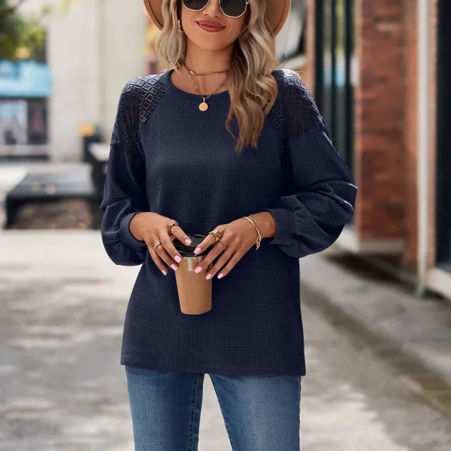 Women's New Long sleeved Lace Stitching Round Neck Loose T shirt Navy - Shop at LoveMi