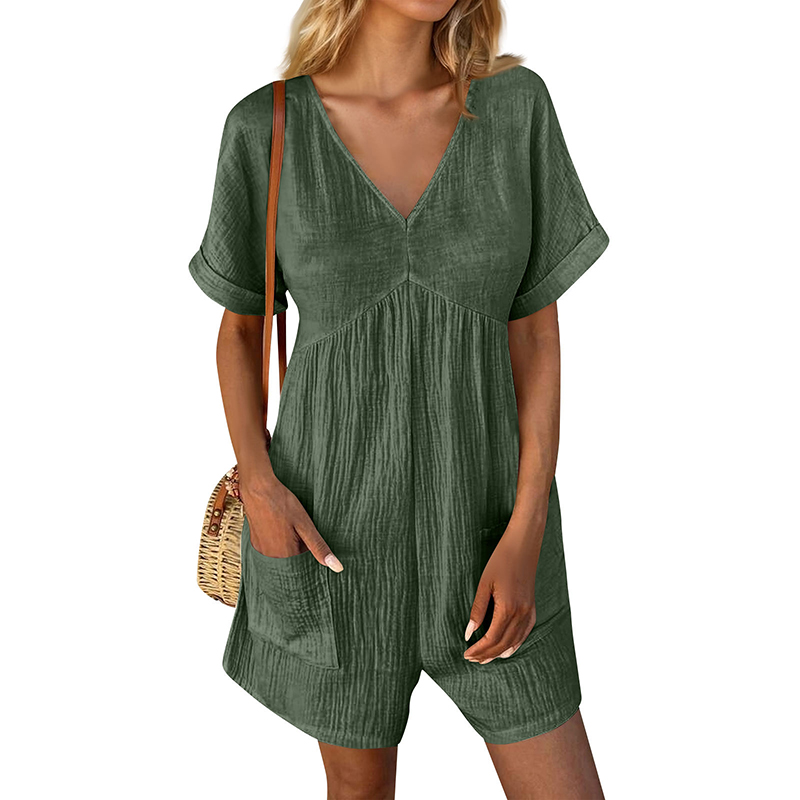 Damen Sommer Strampler Freizeit Kurzarm V-Ausschnitt Kurz Overalls mit Taschen - Bild 5 von 13
