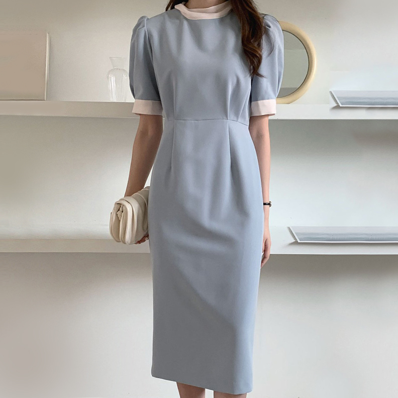 Women's Stand Collar Waist Slim Puff Sleeve Hip Dress