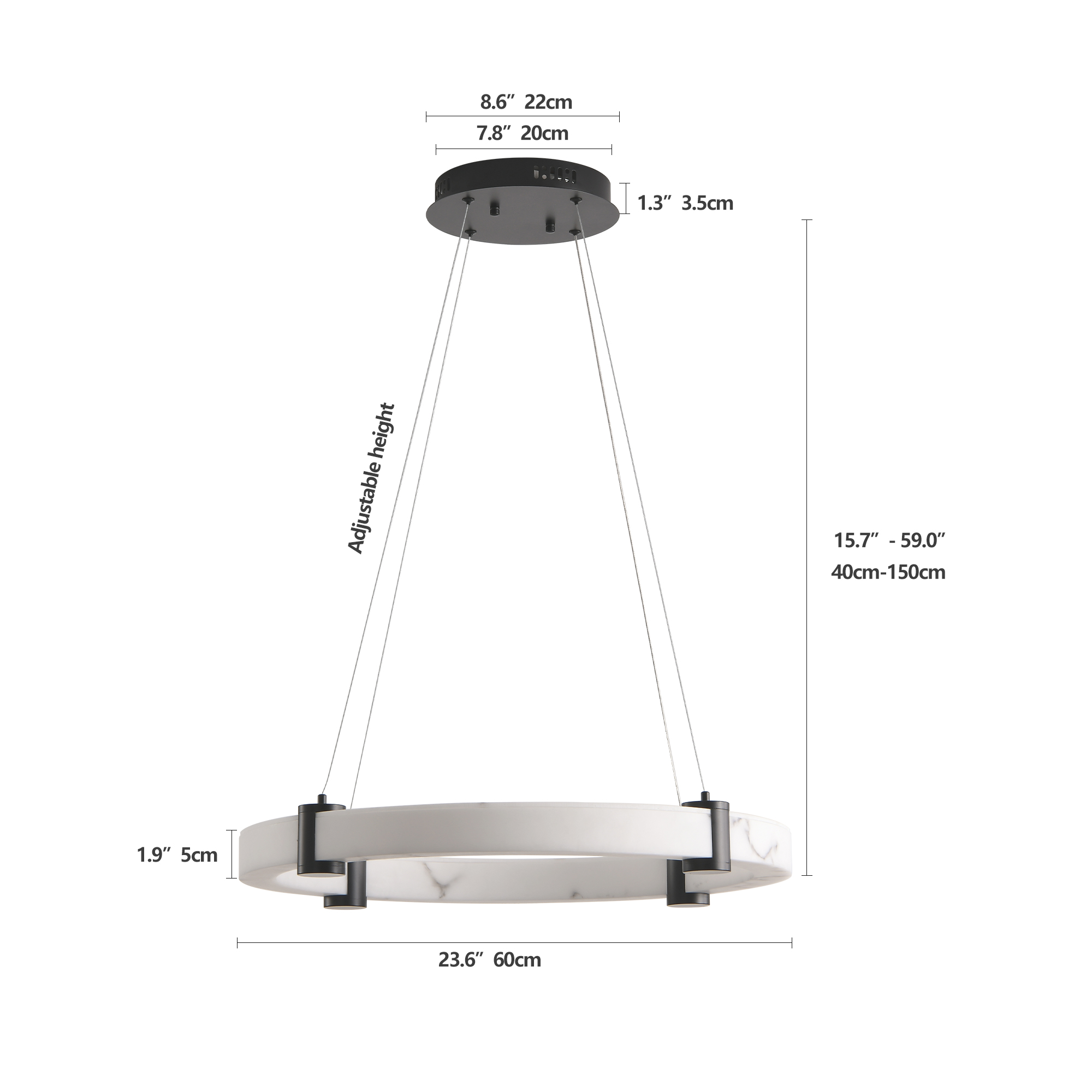 Modern LED Pendant Light, 24-Inch Round Hanging Chandelier With Adjustable Height, Marble Finish Resin Ring Ceiling Light For Dining Room, Kitchen Island, Living Room