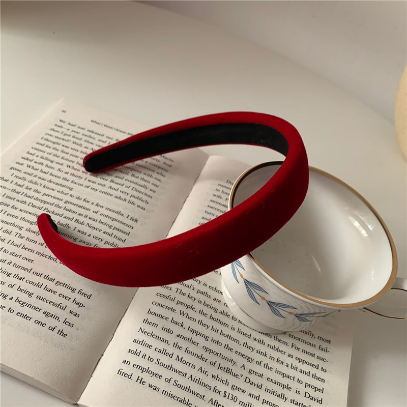 Retro Satin Sponge Headband Net Red French Solid Color Simple Wide brim Hair Accessories Wine Red Flocking - Shop at LoveMi