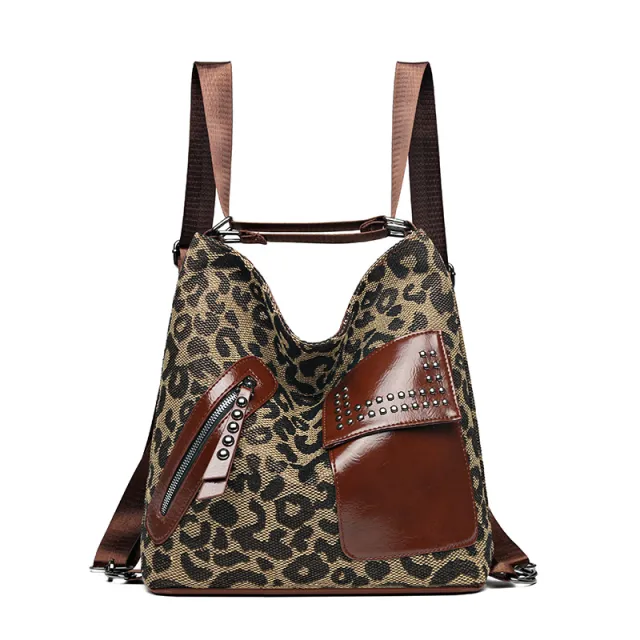 Houndstooth Backpack Women Fashion Rivet Design Leopard Shoulder Bags Leopard - Shop at LoveMi