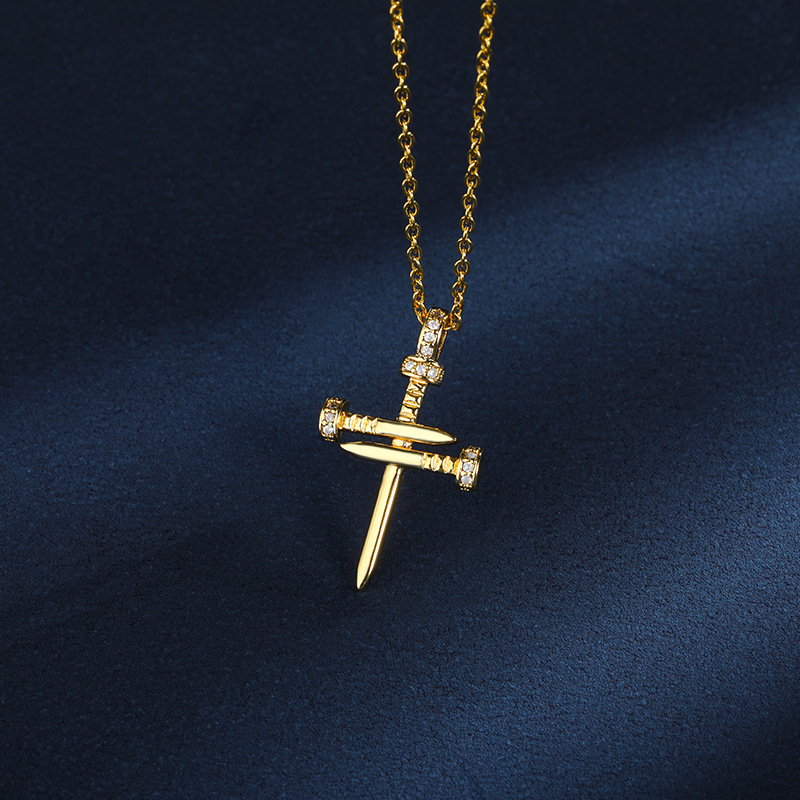 Men's And Women's Copper Inlaid Zircon Nail Cross Necklace