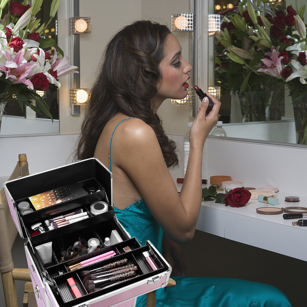 3 In 1 Aluminum Cosmetic Makeup Case Makeup Travel Organizer Cosmetology Case, Aluminum Cosmetic Display Suitcase On Wheels, Beauty Storage Luggage Lockable W-4 Removable Wheels 8