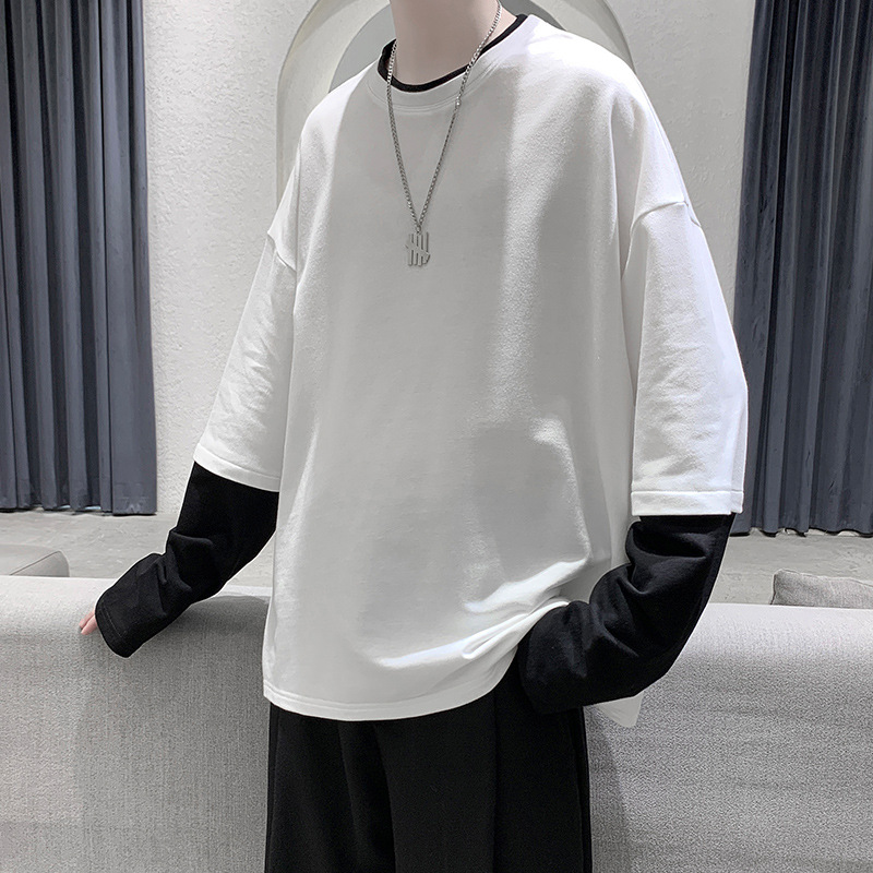 Pure Color Stitching Trendy Fake Two Piece Long Sleeved Shirt