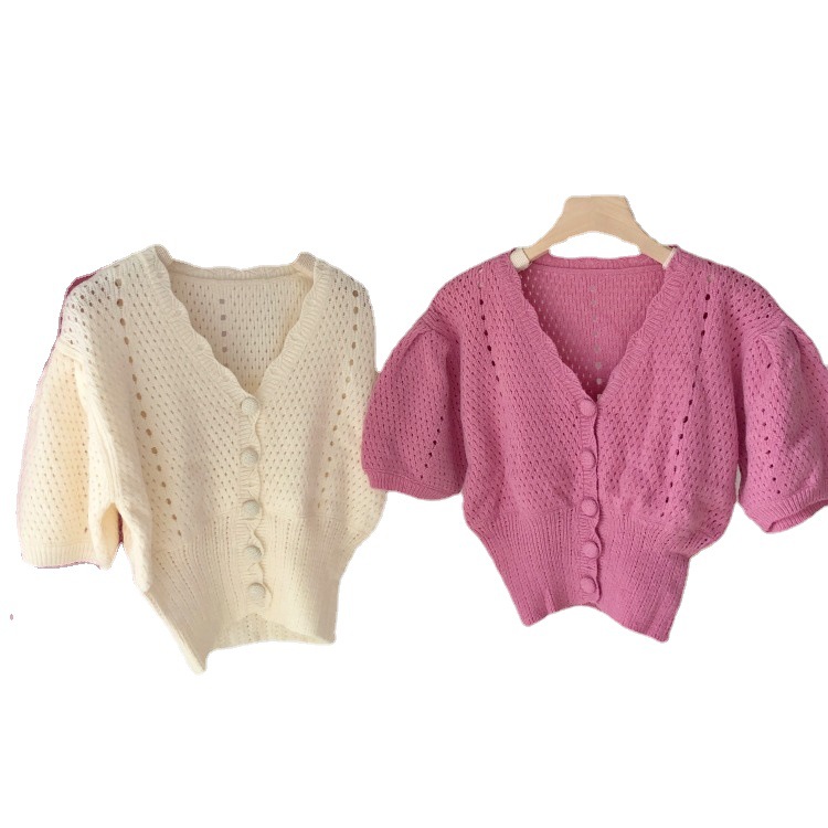 Short Puff Sleeve Hollow Knit Top