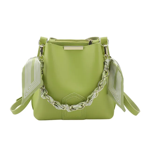 Leather Bucket Tote Bag with Chain Sling Handle Green - Shop at LoveMi