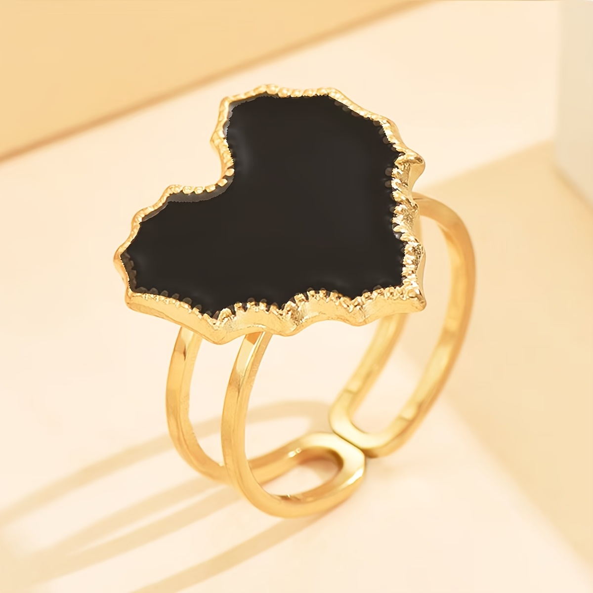 French Retro Heart Ring, Red Black White Enamel Heart Band, Minimalist Luxury Personalized Ring, Stainless Steel Heart Gold Frame Open Adjustable Ring