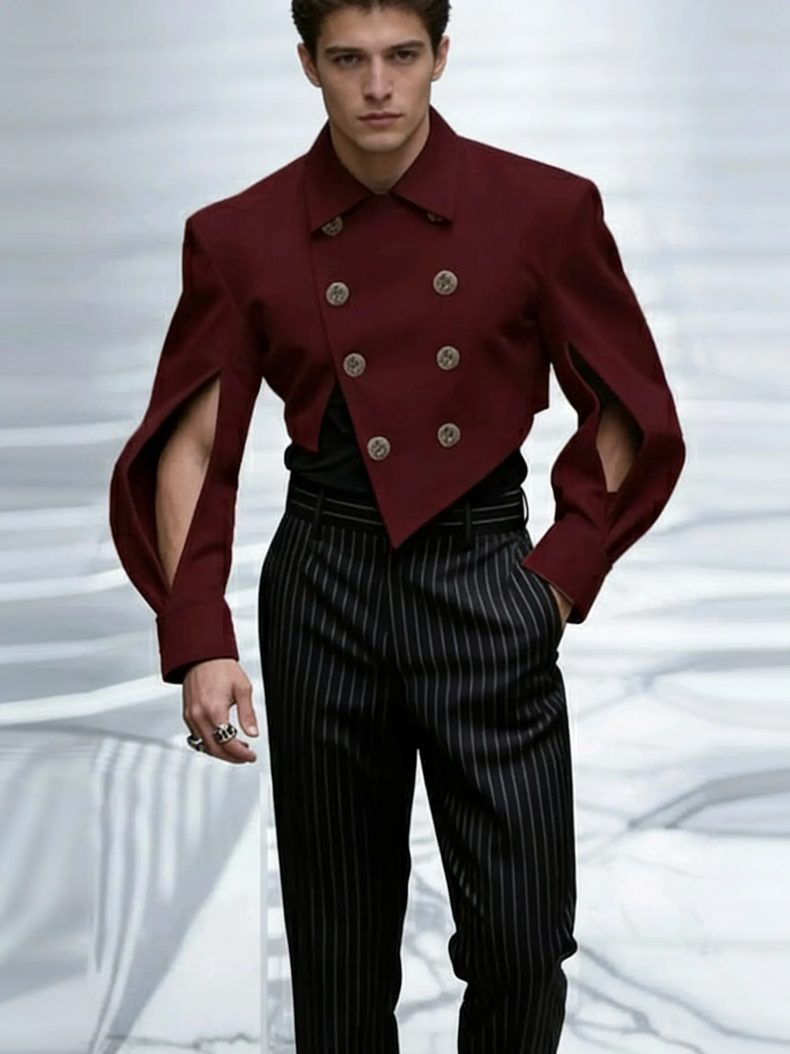 Burgundy Double Breasted Cut Out Sleeve Cropped