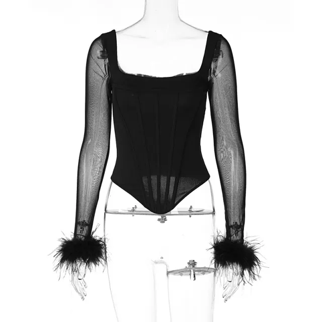 Square Neck Fur Patchwork Long sleeved Mesh Perspective T shirt Top Black - Shop at LoveMi