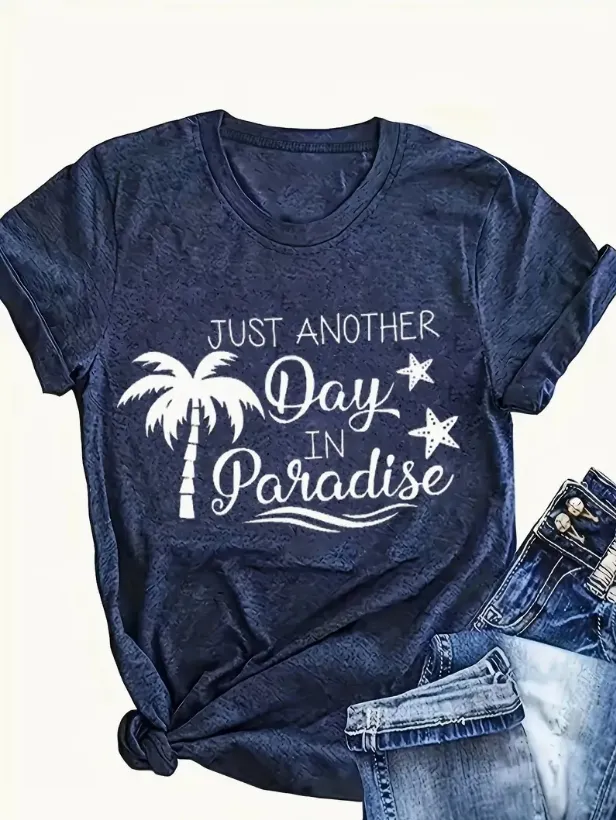 English Letters Printed Round Neck Vest Casual And Loose Daily Wear Women's Clothing Navy Blue - Shop at LoveMi