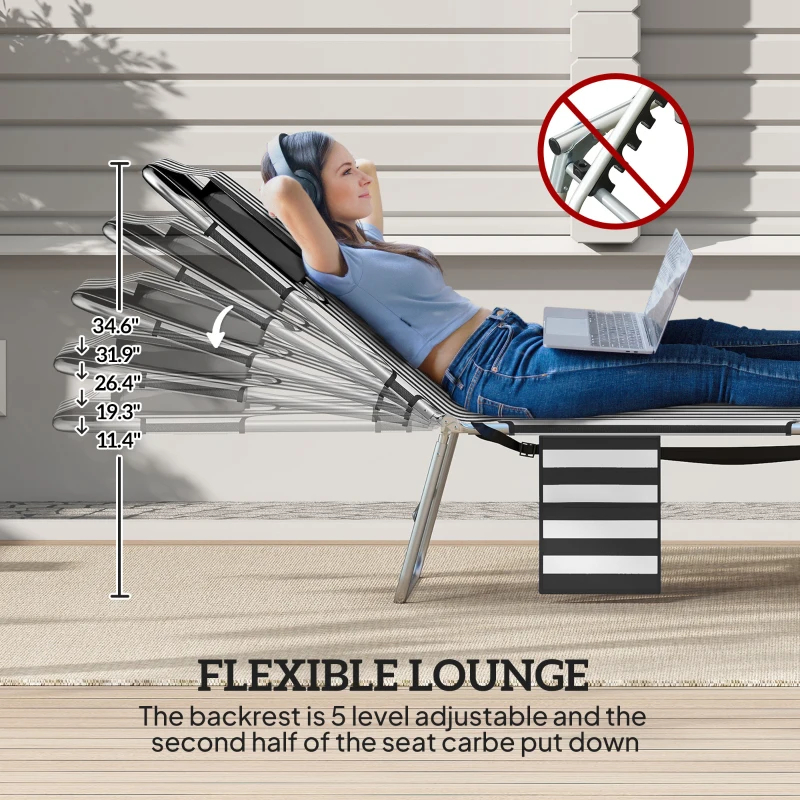 Tanning Chair With Face Hole, 5-Level Adjustable Outdoor Chaise Lounge Chair With Pillow For Beach, Pool, Black Stripe