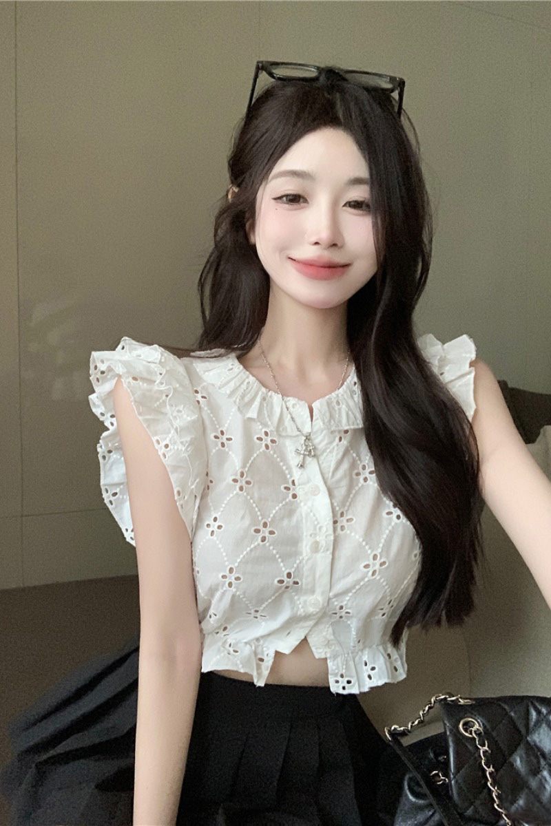 White Flying Sleeve Shirt Women's Ruffle