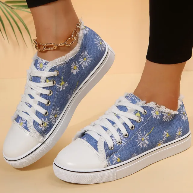 Casual Flat Canvas Shoes Flowers Lace up Flowers Print Loafers Women Walking Shoes Blue - Shop at LoveMi