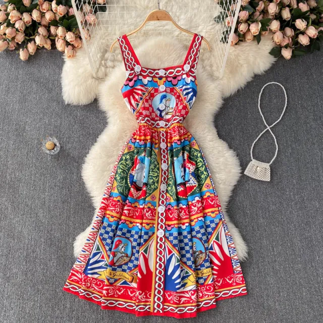 Fashion Square neck Suspender Women's Printed Dress Colour - Shop at LoveMi