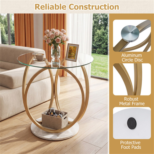 Modern 2-Tier Side Table With Tempered Glass Top & Marble Base, Gold & White Round End Table_voghion.com