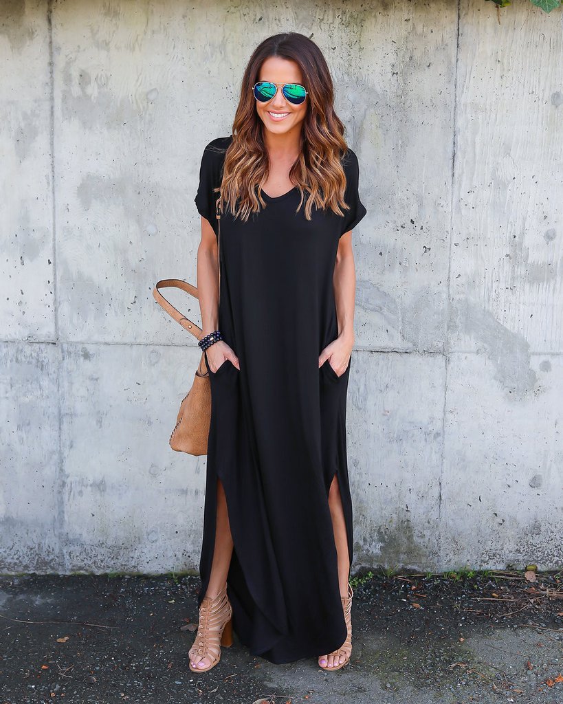 AliExpress Amazon Hot Sale V-Neck Pocket Split Dress