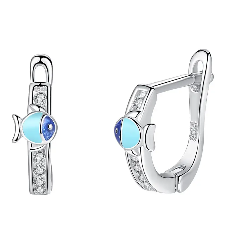 S925 Sterling Silver Drop Oil Blue Tropical Fish Children's Earrings