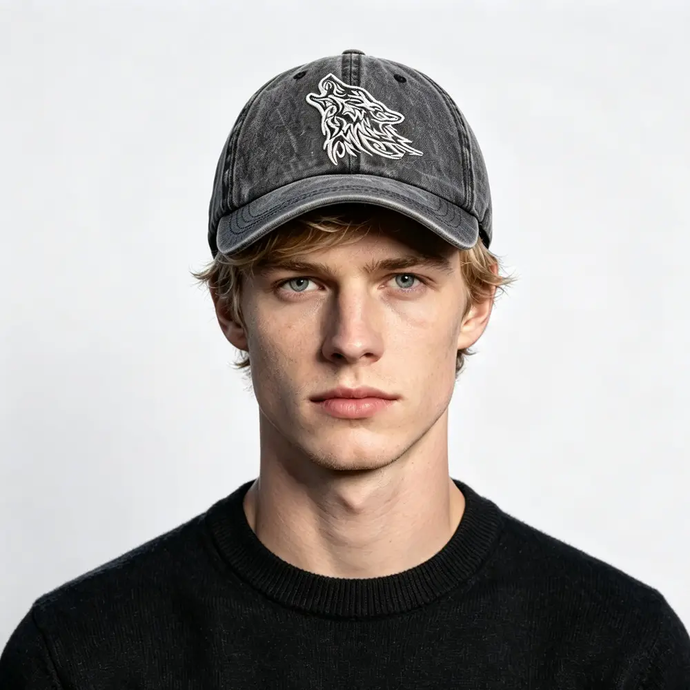 2pcs Tribal Howling Wolf Embroidered Vintage Washed Baseball Cap, Unisex Distressed Hat