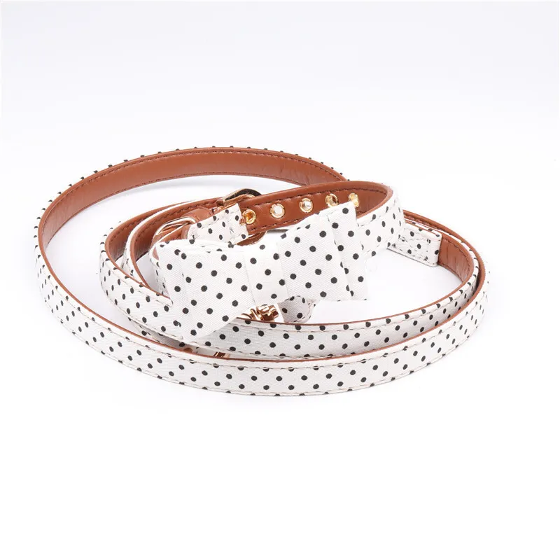 Polka Dot Dog Triangle Scarf Collar Leash Pet Pu Dog Leash - White Set