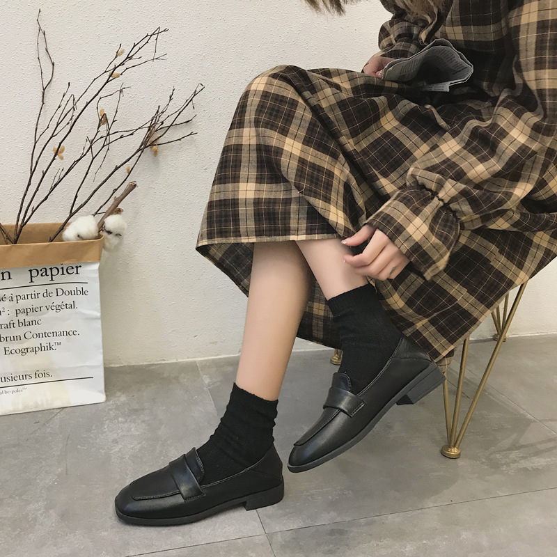 Retro Square Toe Mid-heel Soft Leather Chunky-heel Loafers