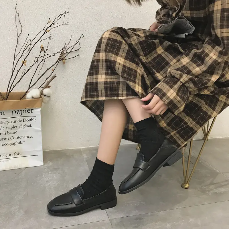 Retro Square Toe Mid-heel Soft Leather Chunky-heel Loafers