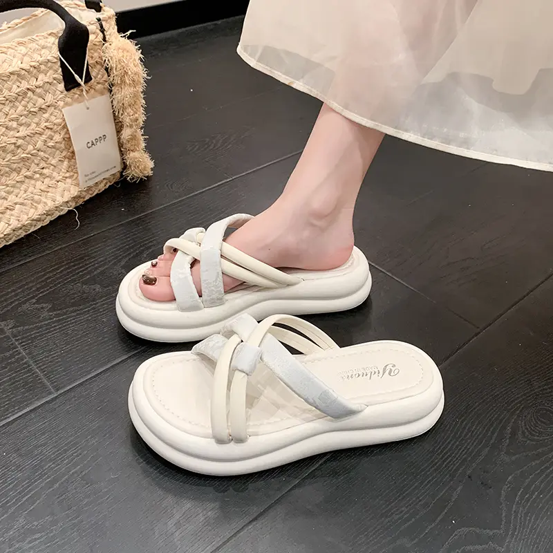 Women Minimalist Two-Tone Knotted Cross Strap Platform Slide Sandals Matching Daily