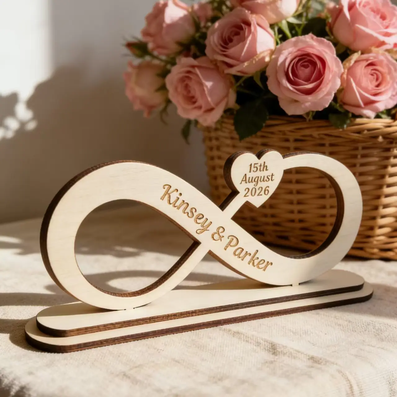 Custom Infinity Symbol Wood Table Sign With Base, Laser Engraved Names & Special Date Heart Wooden Ornament, Personalized Wedding Centerpiece Decor, Unique Anni