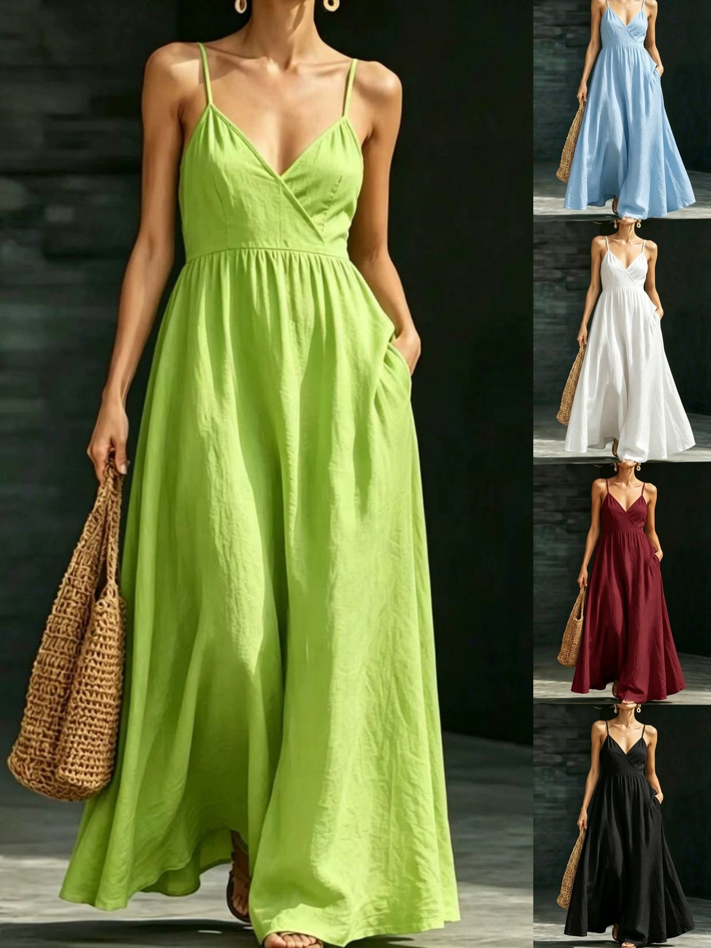 Women's Summer V-Neck Slip Dress With Pockets, Waist-Cinching Slim Elegant Midi Dress