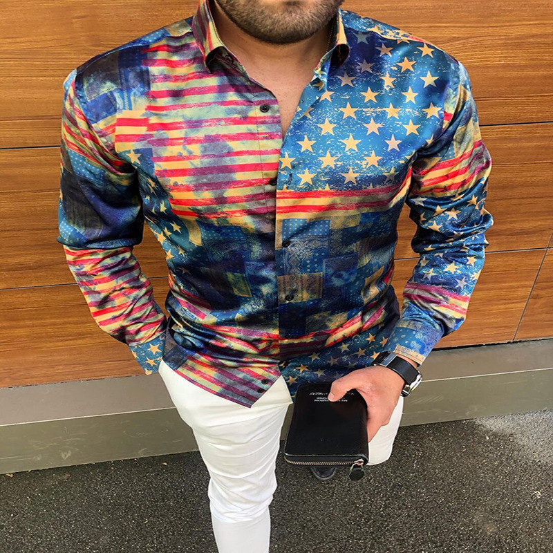 Cardigan Printed Long-sleeved Slim-fit Men's Shirt