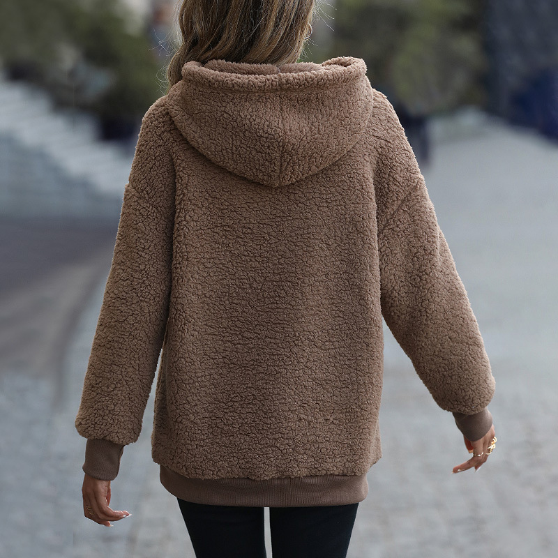 Women's Autumn And Winter Fleece Bear Pocket Brown Hooded Sweater