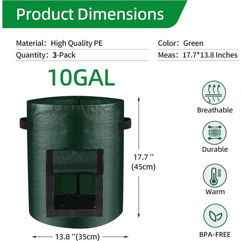 10 Gallon -6 Pack Potato Grow Bags, Heavy Duty PE Fabric Pots With Flap And Handles, Green Planter Bags For Potato Vegetables Outdoor Garden, For All Plants Growing 1