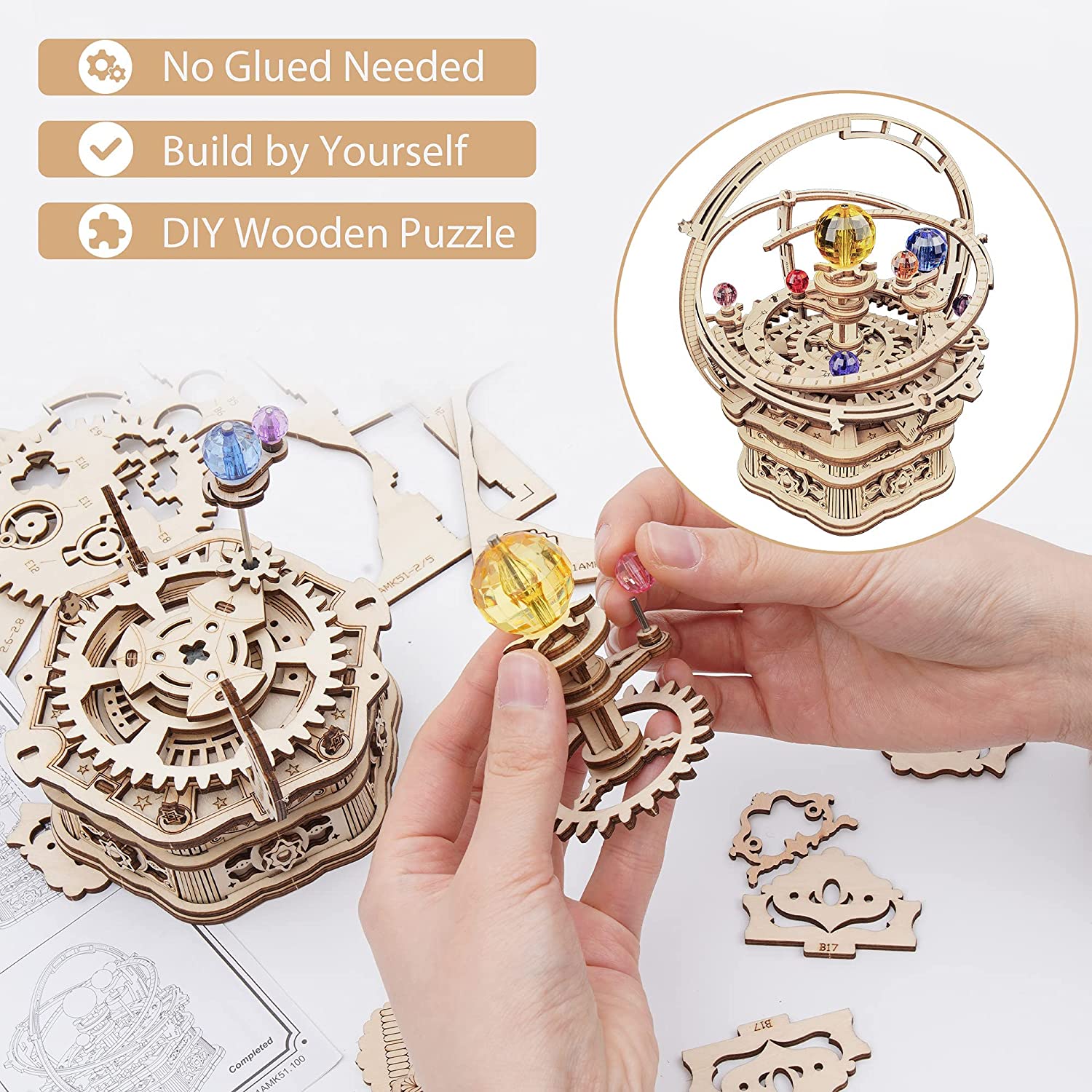 Rokr Rotating Starry Night Mechanical Music Box 3D Wooden Puzzle Assembly Model Building Kits Toys For Children Kids - AMK51