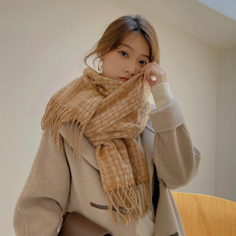 Warm Color Matching Plaid Fringe Long Shawl Scarf