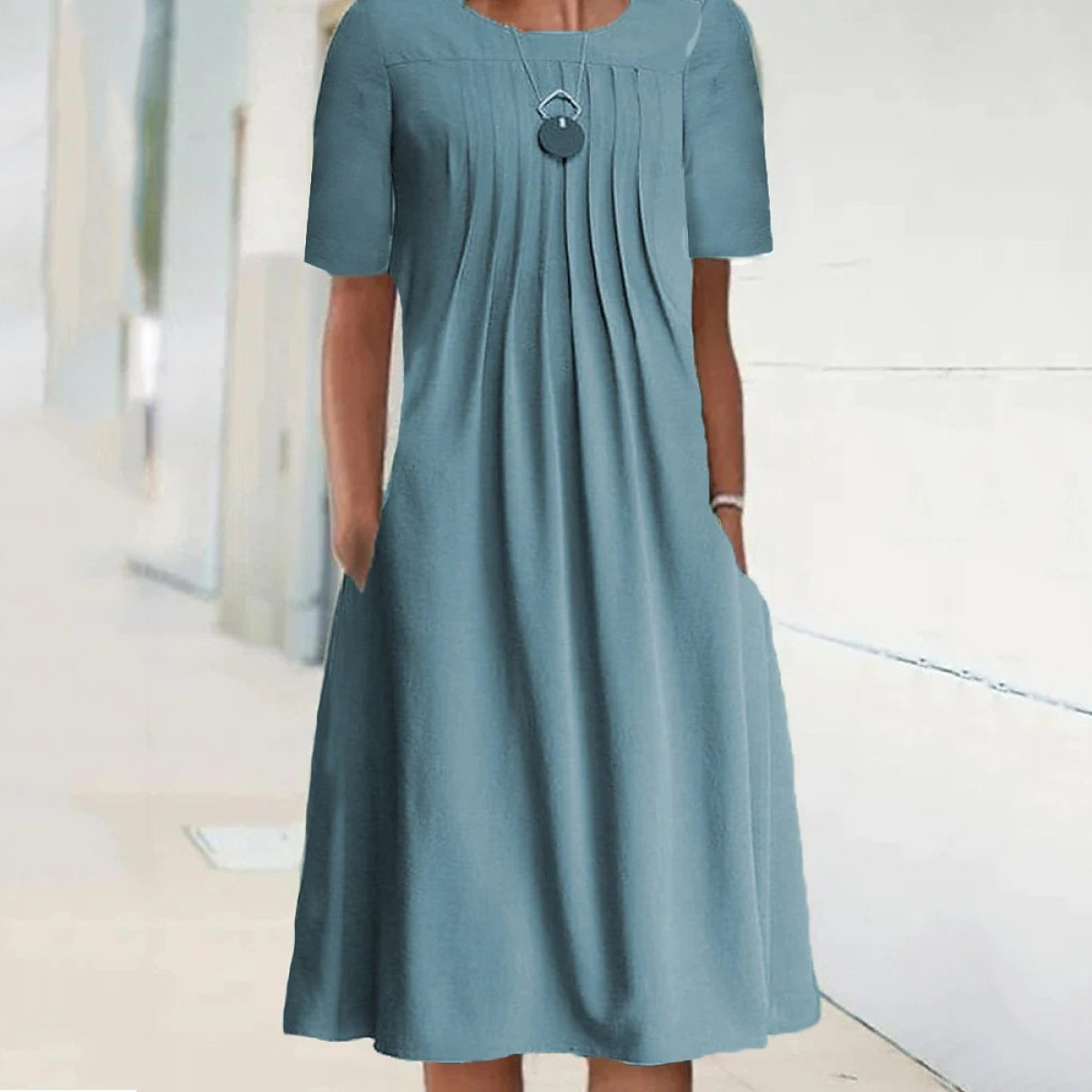 Solid Color Round Neck Pullover Short Sleeve Midi Dress Women's