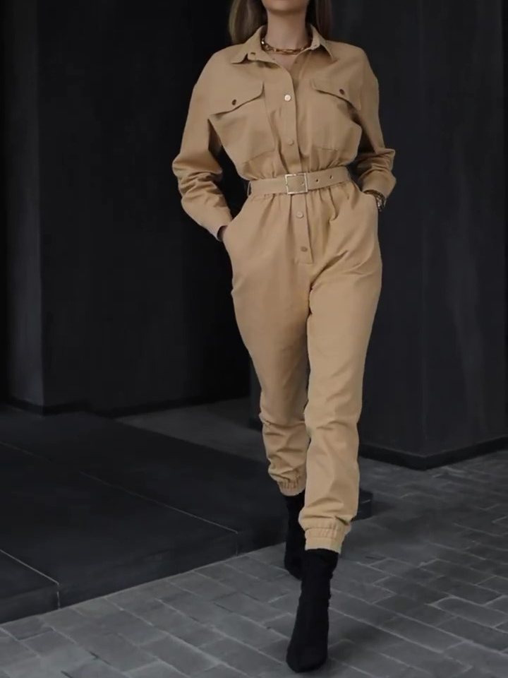 Elegant Camel-colored Button-up Cargo Jumpsuit