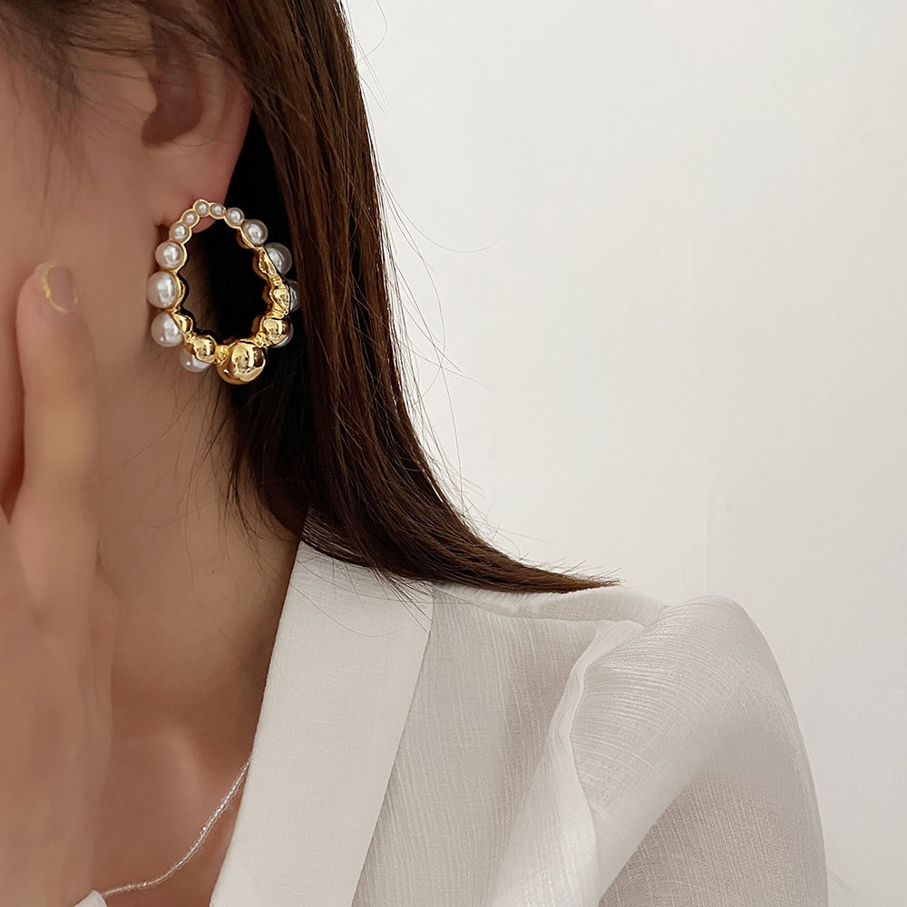 Cold Wind Silver Needle Metal Pearl Drop Earrings