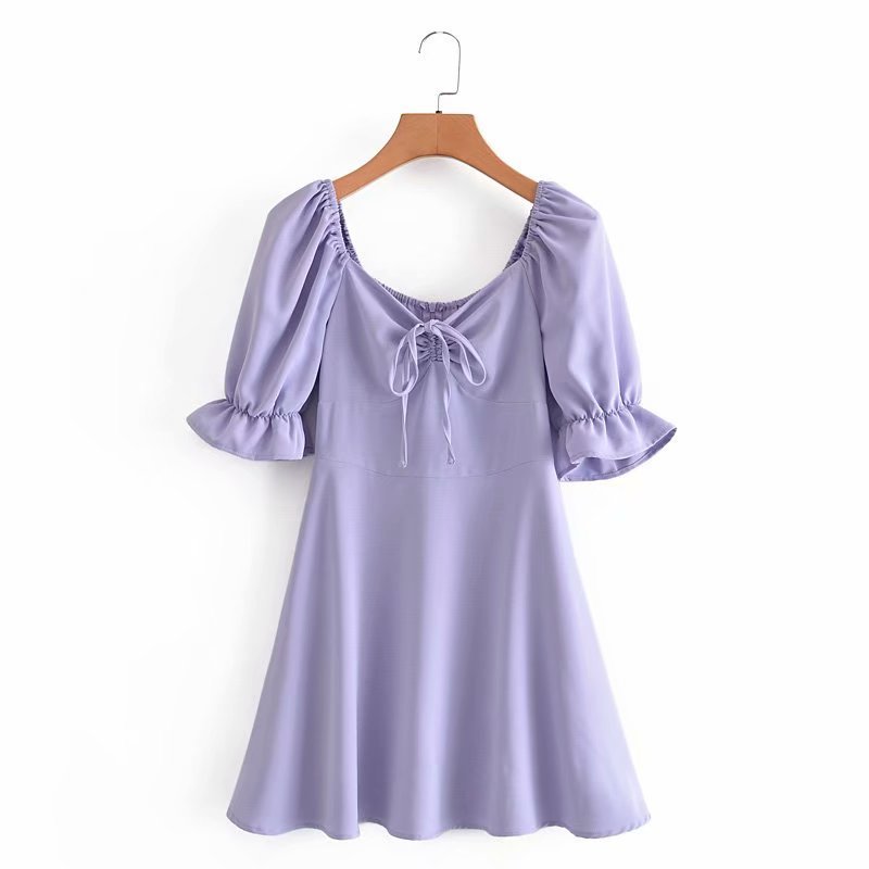 New French Retro Puff Sleeve V-Neck Tie Smocked Bow Dress Women