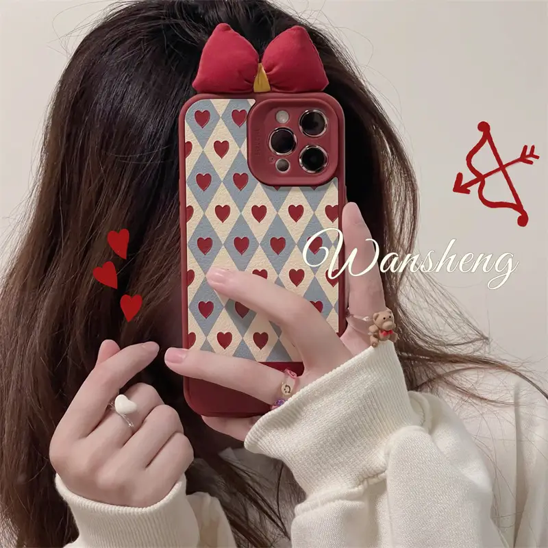 Love Diamond Pattern Wine Red Bow Mobile Phone Case