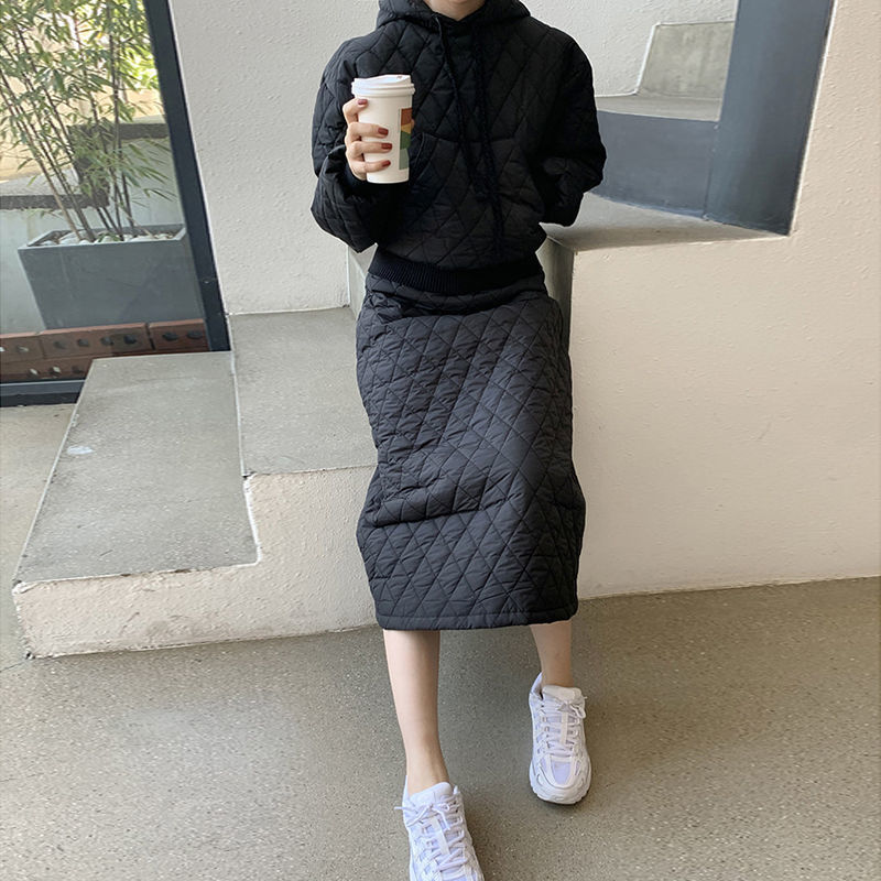 Fashion Autumn And Winter Hooded Cotton Dress Skirt Set Thin