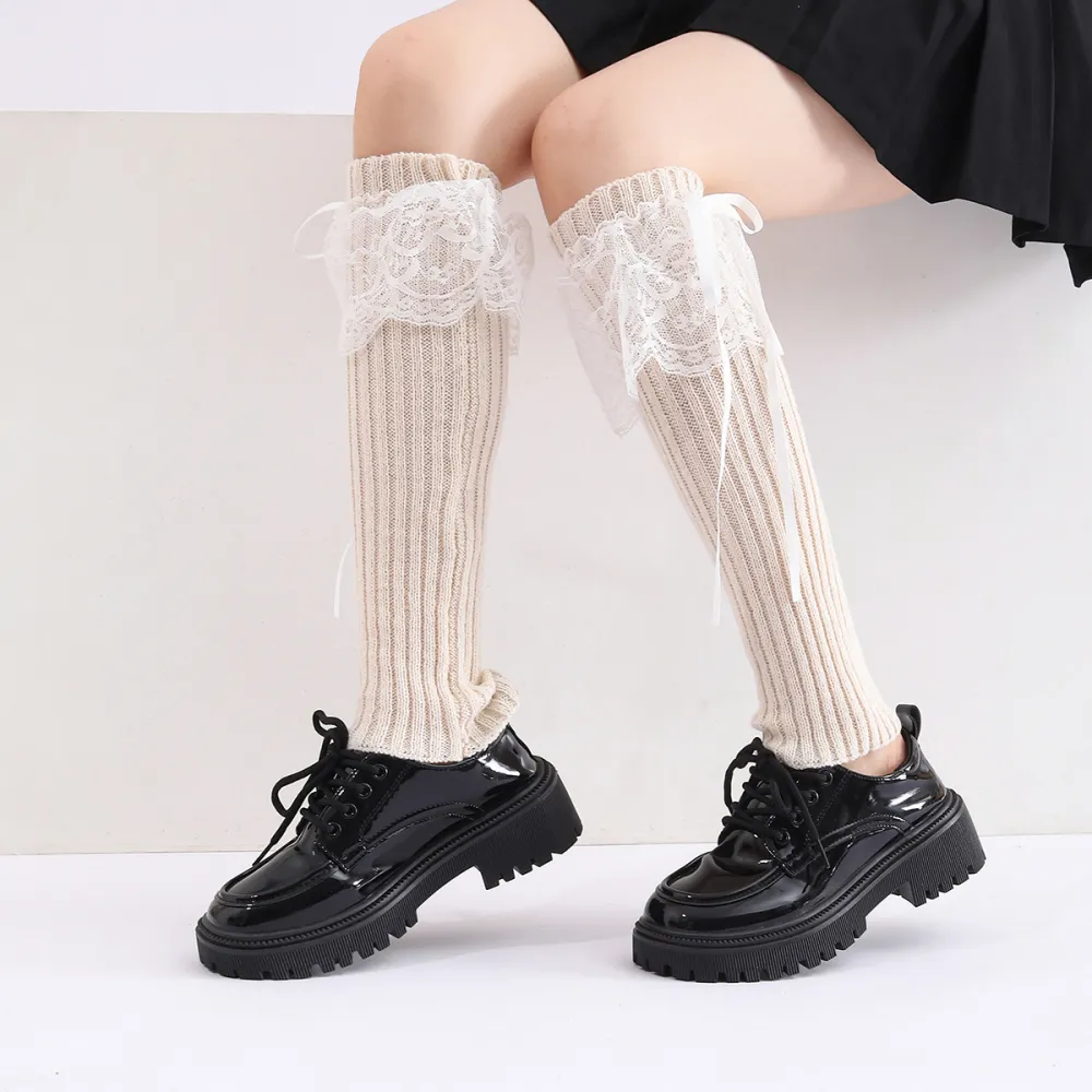 Knitted Solid Color Lace With Bow Leg Warmer