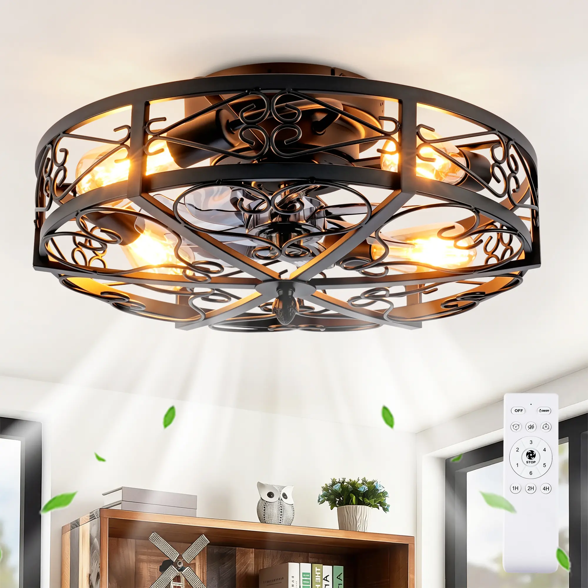 20in  Mounting Type Caged Ceiling Fan With Lights And Remote Control ,Reversible Motor, DC Remote Control,6 Speed Ceiling Fan,Timing Fan Lamp--NOT Included Bulb