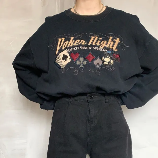 New Women's Round Neck Embroidery Loose And Slim Fashion Sweater Black - Shop at LoveMi