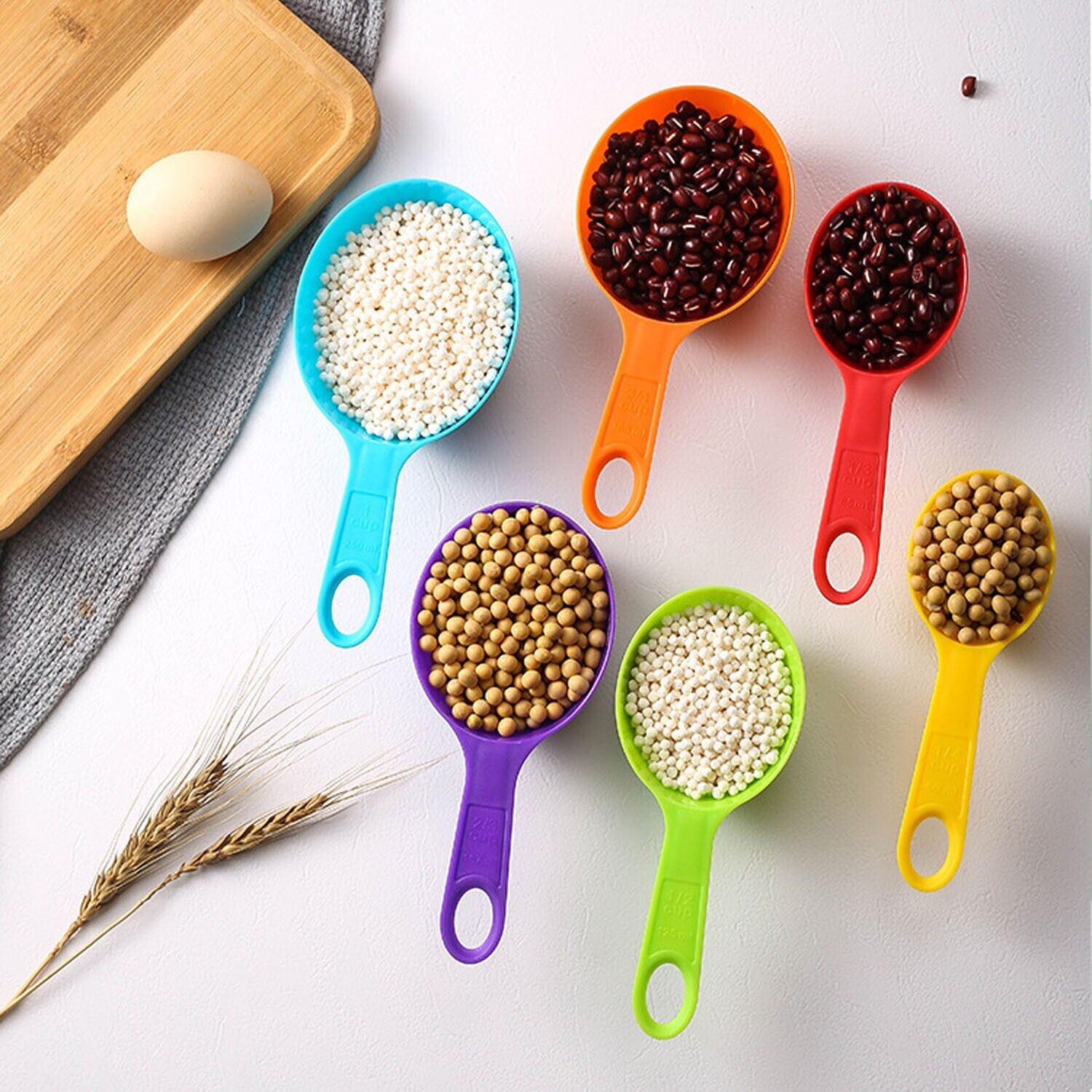 6 Measuring Spoons and 6 Cups Set. we ship only inside the US, USPS First Class Package 2 Day Handling , 2-5 Day Shipping. 12-Piece Plastic Measuring Cups and Spoons Set Great for Baking and Cooking 12 Piece Measuring Cups and Spoons Set, Colored Kitchen 